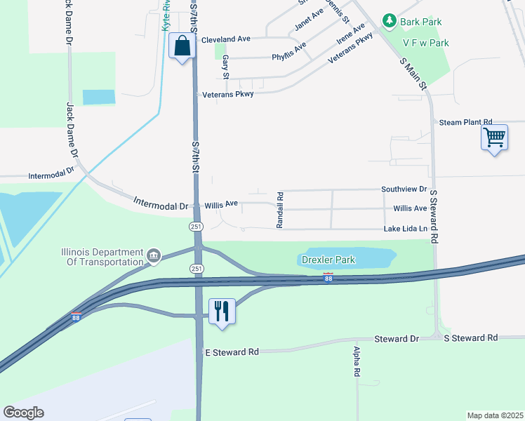 map of restaurants, bars, coffee shops, grocery stores, and more near 410 Willis Avenue in Rochelle
