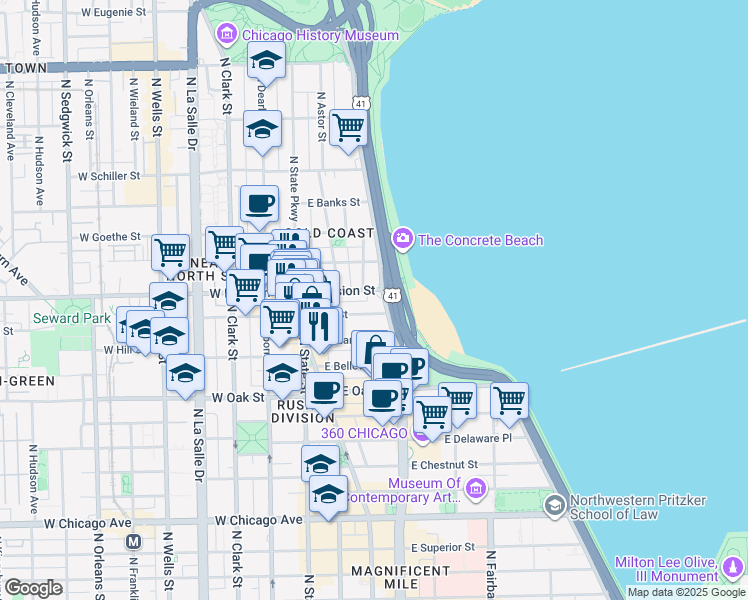 map of restaurants, bars, coffee shops, grocery stores, and more near 1150 North Lake Shore Drive in Chicago