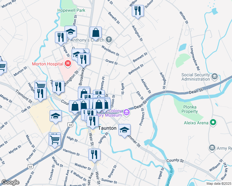 map of restaurants, bars, coffee shops, grocery stores, and more near 14 Kelly Street in Taunton