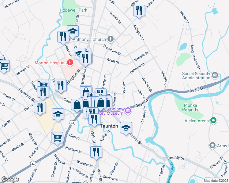 map of restaurants, bars, coffee shops, grocery stores, and more near 31 Cedar Street in Taunton
