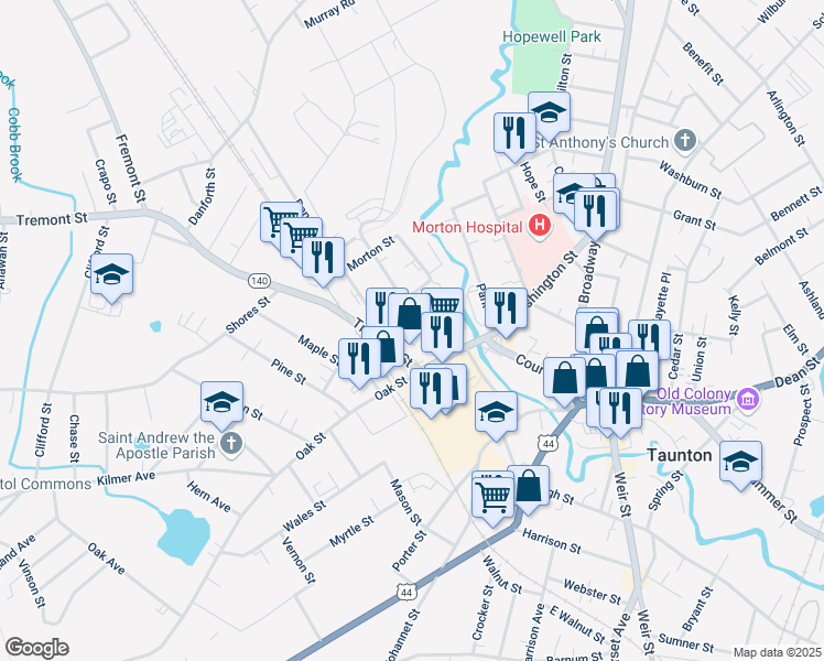 map of restaurants, bars, coffee shops, grocery stores, and more near 19 Hodges Avenue in Taunton