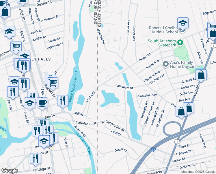 map of restaurants, bars, coffee shops, grocery stores, and more near 415 Brown Street in Attleboro