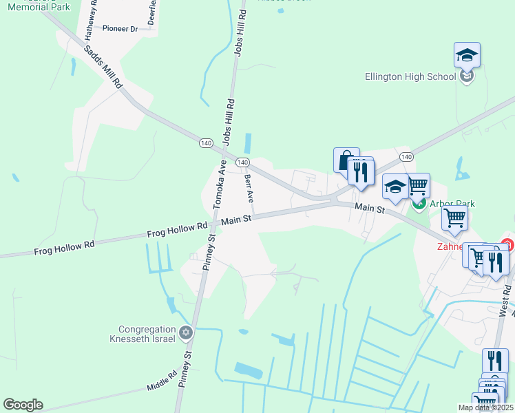map of restaurants, bars, coffee shops, grocery stores, and more near 8 Berr Avenue in Ellington