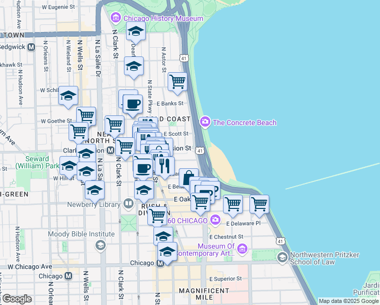 map of restaurants, bars, coffee shops, grocery stores, and more near in Chicago