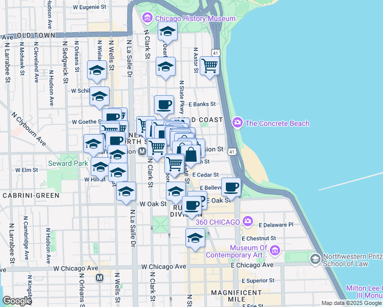 map of restaurants, bars, coffee shops, grocery stores, and more near 1201 North State Parkway in Chicago