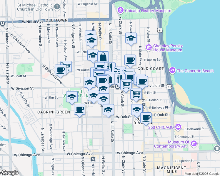 map of restaurants, bars, coffee shops, grocery stores, and more near 1168 North LaSalle Drive in Chicago