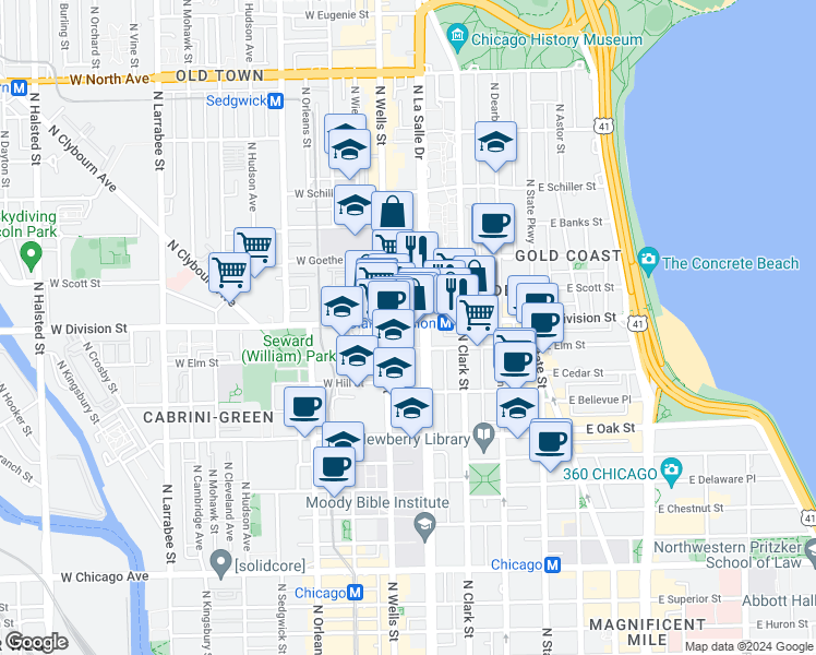 map of restaurants, bars, coffee shops, grocery stores, and more near in Chicago