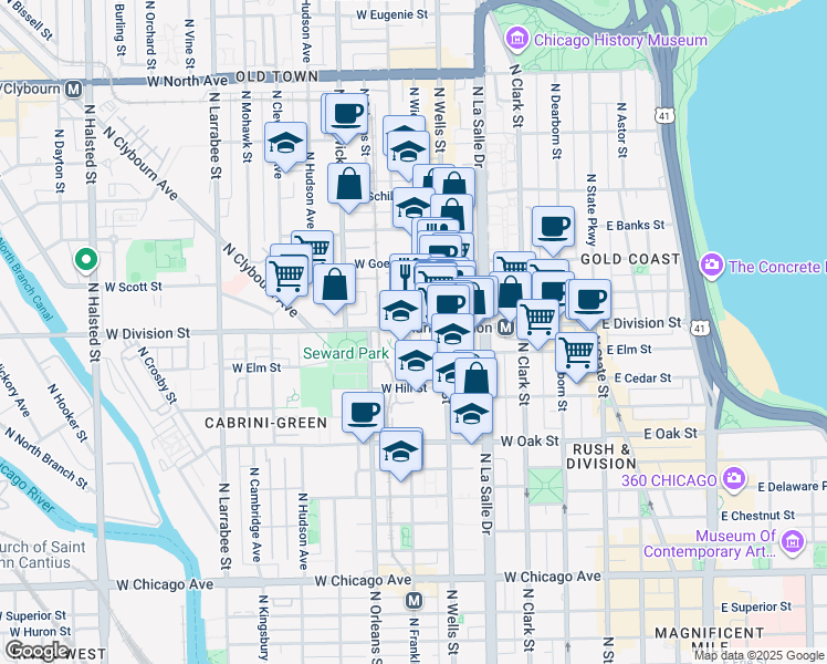 map of restaurants, bars, coffee shops, grocery stores, and more near in Chicago