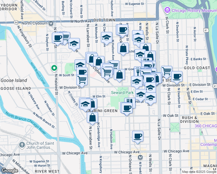 map of restaurants, bars, coffee shops, grocery stores, and more near 428 West Division Street in Chicago