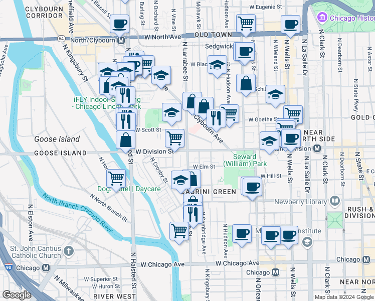 map of restaurants, bars, coffee shops, grocery stores, and more near in Chicago