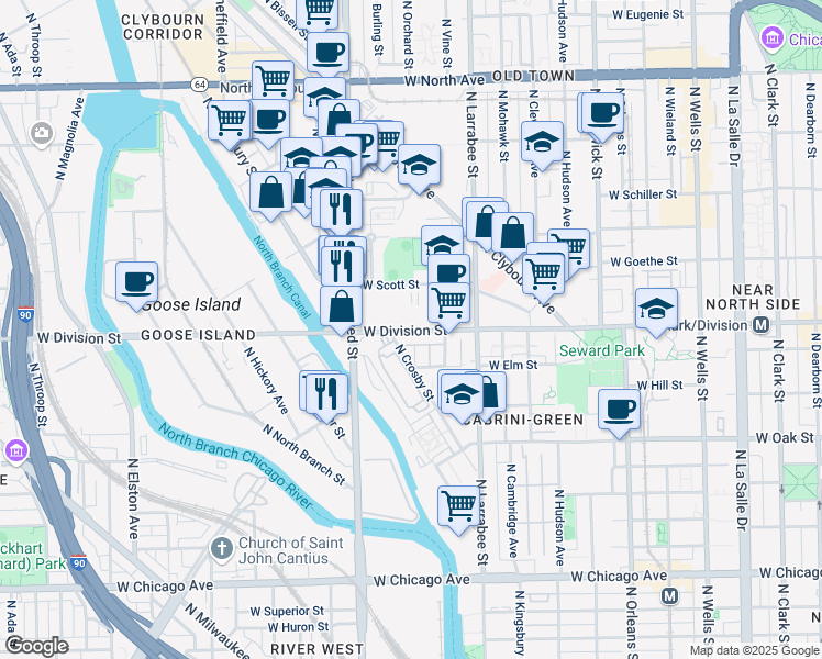 map of restaurants, bars, coffee shops, grocery stores, and more near 708 West Division Street in Chicago