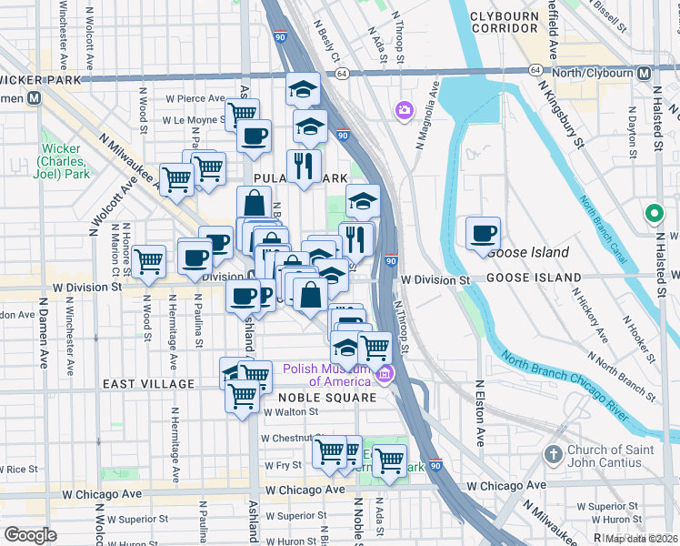 map of restaurants, bars, coffee shops, grocery stores, and more near 1412 West Division Street in Chicago