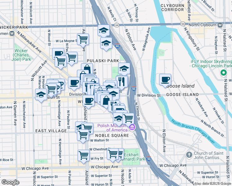map of restaurants, bars, coffee shops, grocery stores, and more near 1216 North Noble Street in Chicago