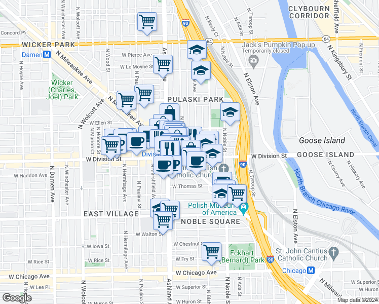 map of restaurants, bars, coffee shops, grocery stores, and more near 1219 North Bosworth Avenue in Chicago