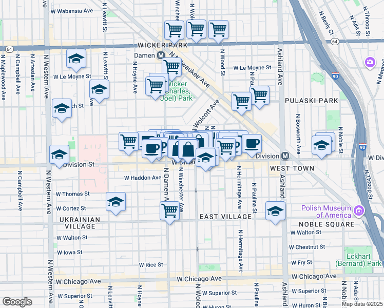map of restaurants, bars, coffee shops, grocery stores, and more near 1222 North Wolcott Avenue in Chicago