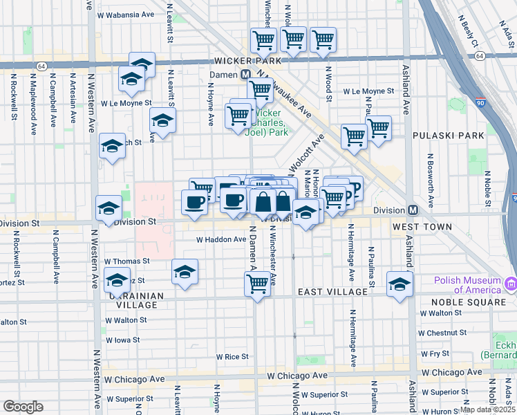 map of restaurants, bars, coffee shops, grocery stores, and more near 1943 West Crystal Street in Chicago