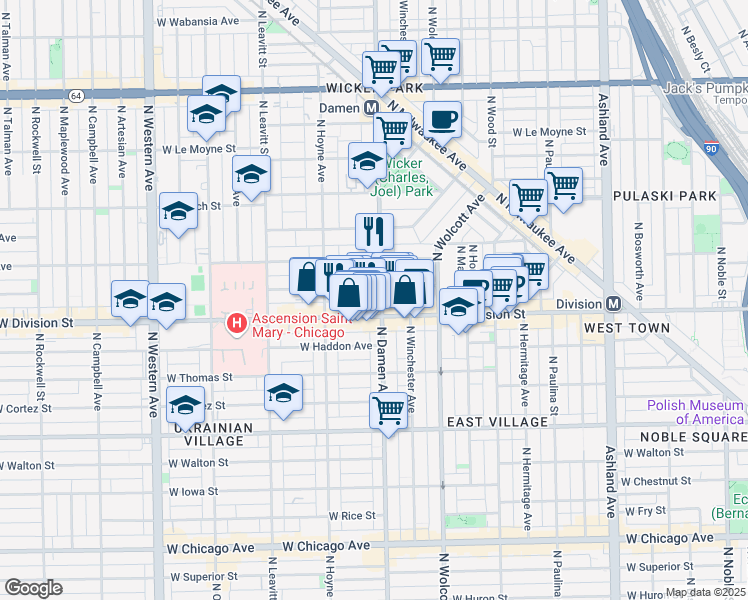 map of restaurants, bars, coffee shops, grocery stores, and more near 2015 West Crystal Street in Chicago