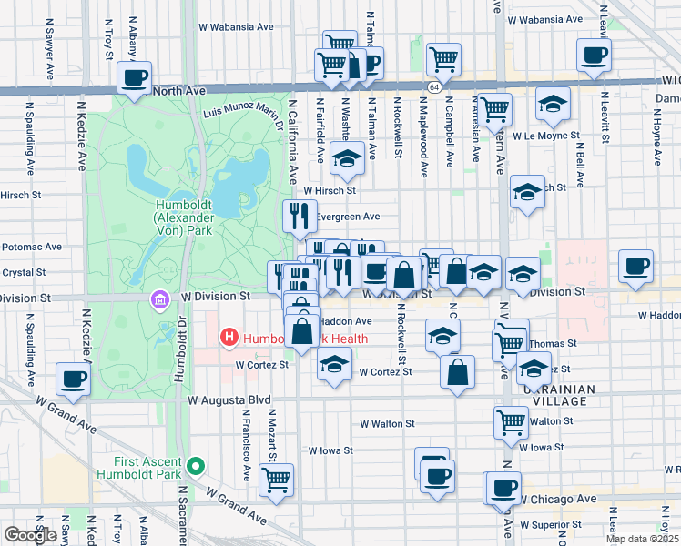 map of restaurants, bars, coffee shops, grocery stores, and more near 1236 North Washtenaw Avenue in Chicago