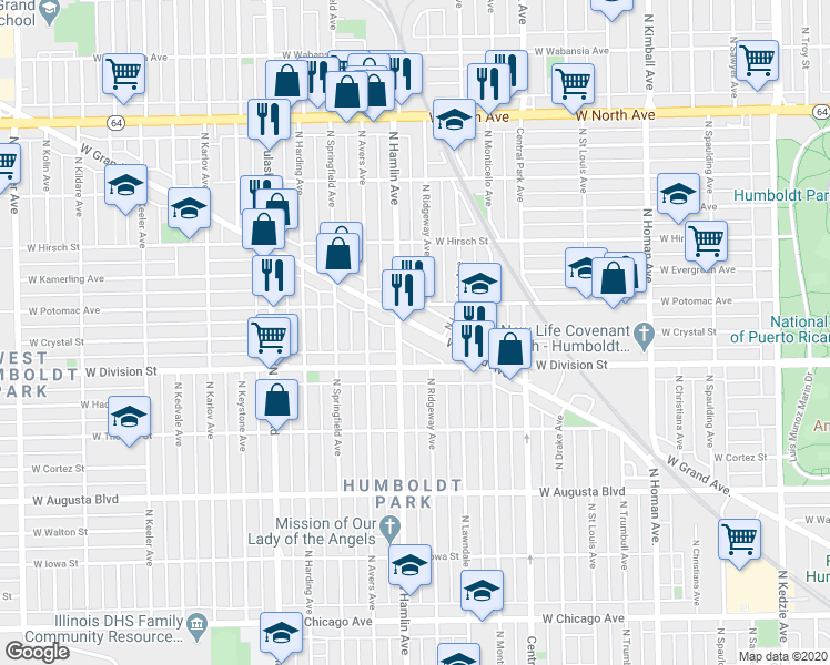 map of restaurants, bars, coffee shops, grocery stores, and more near in Chicago