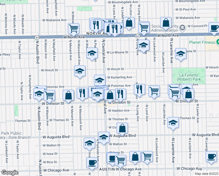 map of restaurants, bars, coffee shops, grocery stores, and more near 5524 West Potomac Avenue in Chicago
