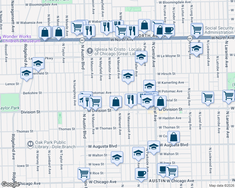 map of restaurants, bars, coffee shops, grocery stores, and more near 1300 North Menard Avenue in Chicago