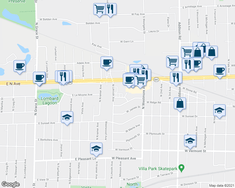 map of restaurants, bars, coffee shops, grocery stores, and more near 730 North Lincoln Avenue in Villa Park