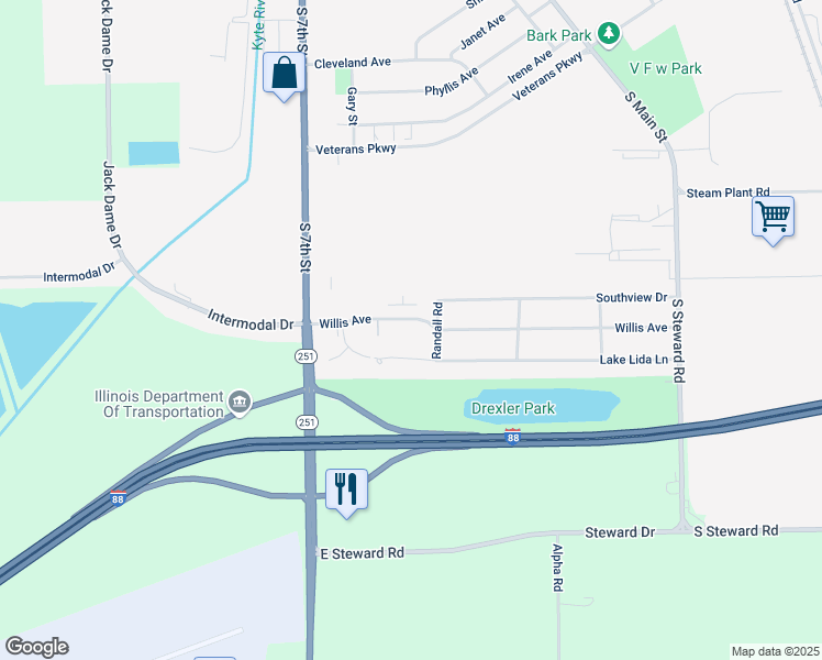 map of restaurants, bars, coffee shops, grocery stores, and more near 410 Willis Avenue in Rochelle