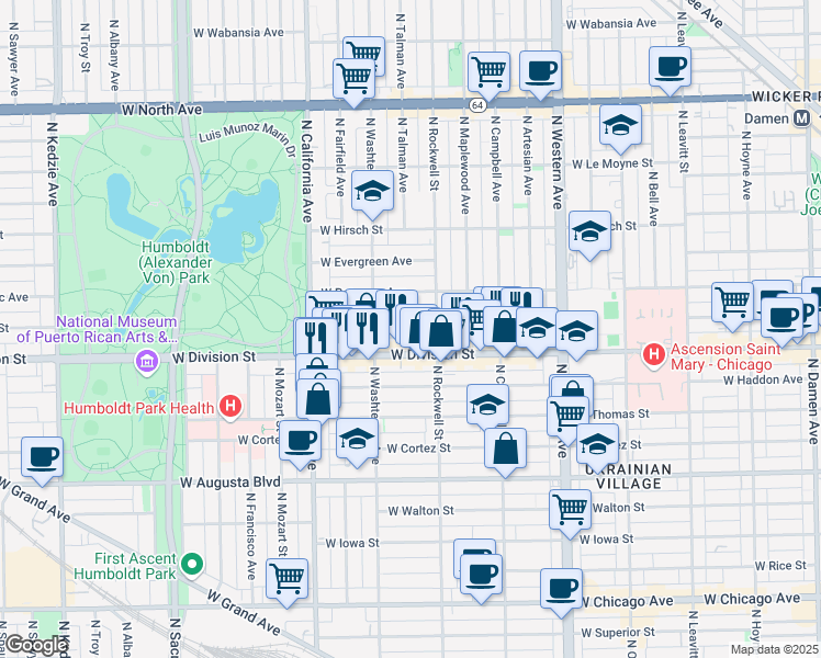 map of restaurants, bars, coffee shops, grocery stores, and more near 2623 West Crystal Street in Chicago