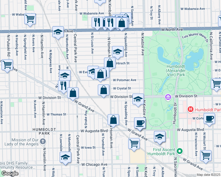 map of restaurants, bars, coffee shops, grocery stores, and more near North Homan Avenue & West Crystal Street in Chicago