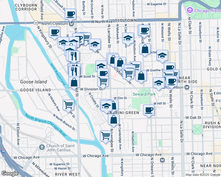 map of restaurants, bars, coffee shops, grocery stores, and more near 600 West Division Street in Chicago