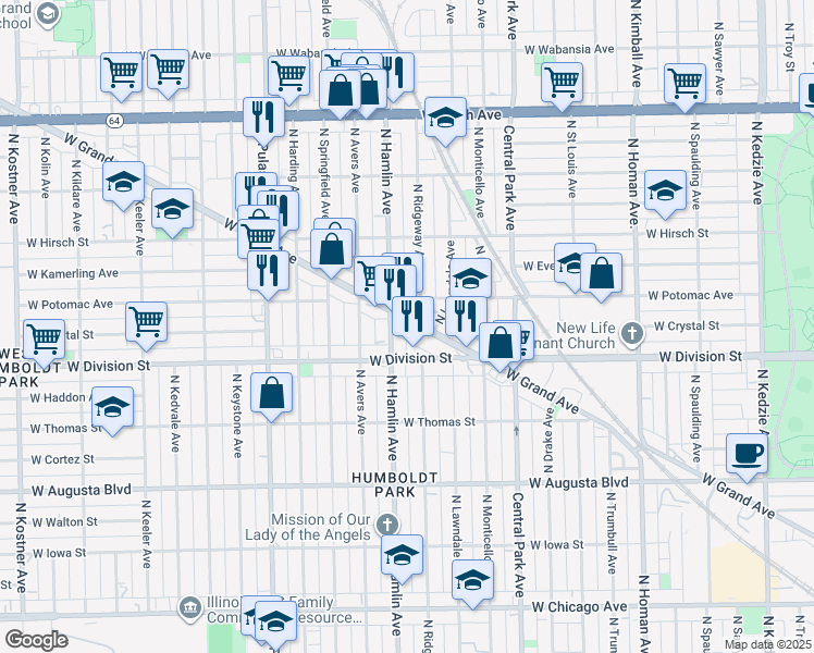 map of restaurants, bars, coffee shops, grocery stores, and more near in Chicago
