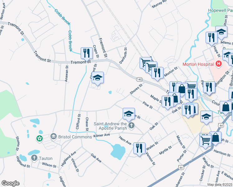 map of restaurants, bars, coffee shops, grocery stores, and more near 35 Shores Avenue in Taunton
