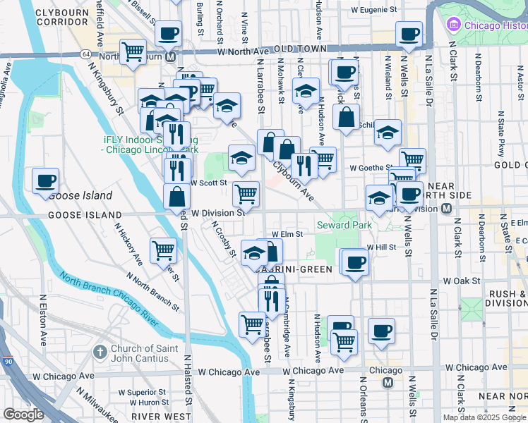 map of restaurants, bars, coffee shops, grocery stores, and more near 600 West Division Street in Chicago