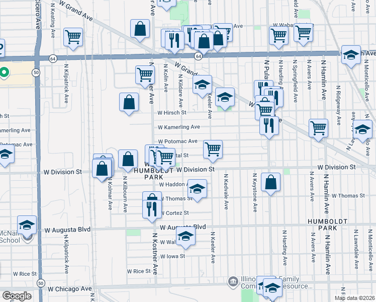 map of restaurants, bars, coffee shops, grocery stores, and more near 1257 North Kildare Avenue in Chicago