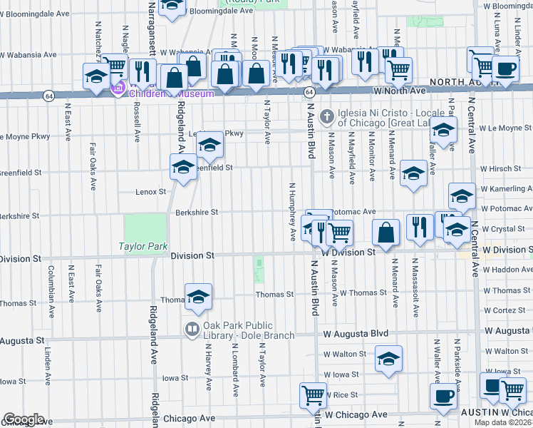 map of restaurants, bars, coffee shops, grocery stores, and more near 1004 Hayes Avenue in Oak Park