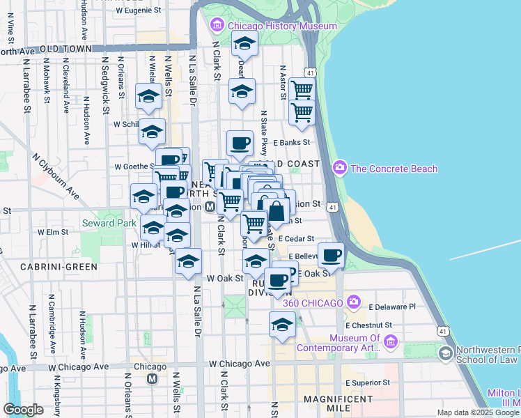 map of restaurants, bars, coffee shops, grocery stores, and more near 1201 North State Parkway in Chicago