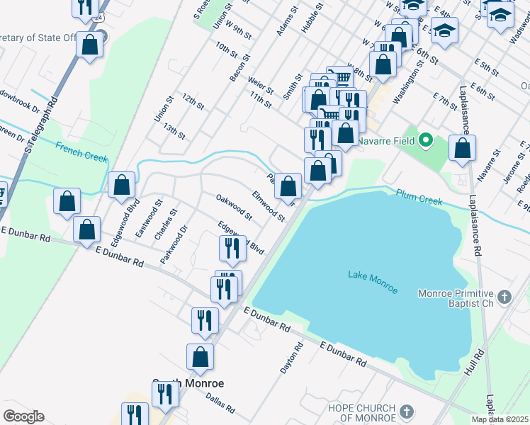map of restaurants, bars, coffee shops, grocery stores, and more near 5941 Elmwood Street in Monroe