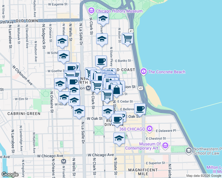 map of restaurants, bars, coffee shops, grocery stores, and more near 1166 North State Street in Chicago