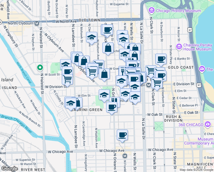 map of restaurants, bars, coffee shops, grocery stores, and more near W Division St & N Sedgwick St in Chicago