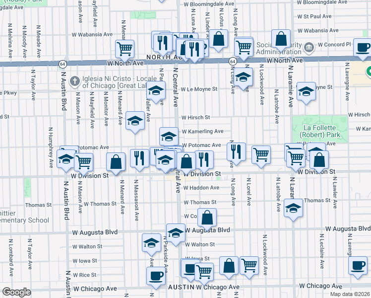 map of restaurants, bars, coffee shops, grocery stores, and more near 5524 West Potomac Avenue in Chicago