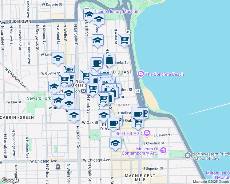 map of restaurants, bars, coffee shops, grocery stores, and more near 21 East Division Street in Chicago