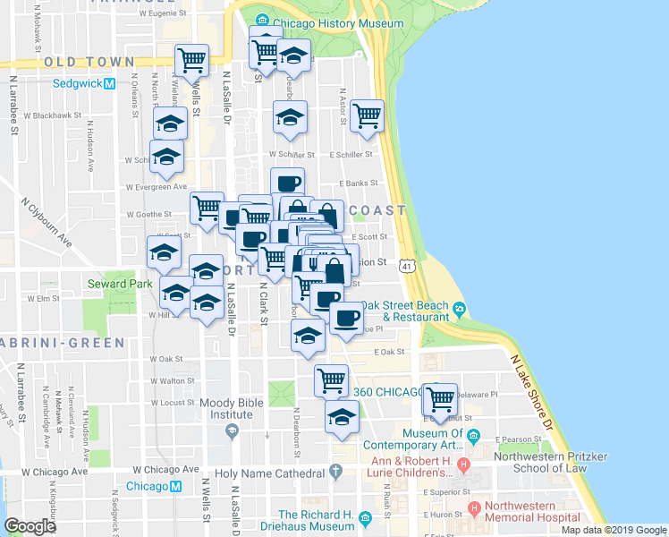 map of restaurants, bars, coffee shops, grocery stores, and more near 17 East Division Street in Chicago