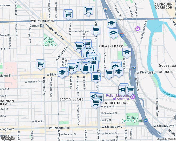 map of restaurants, bars, coffee shops, grocery stores, and more near 1640 West Division Street in Chicago