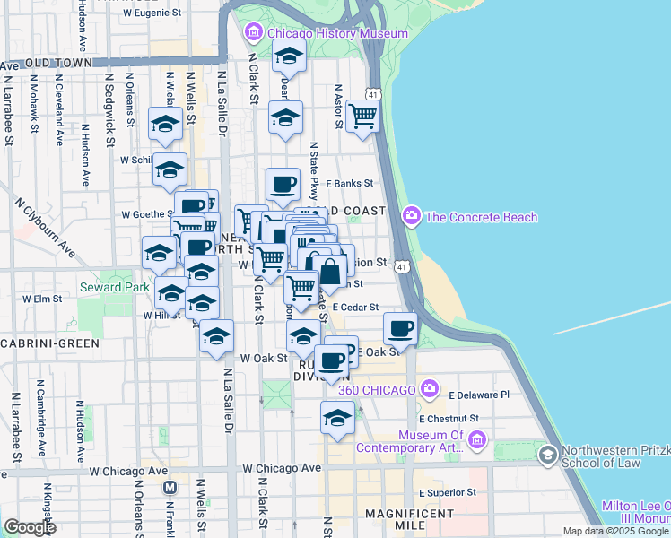 map of restaurants, bars, coffee shops, grocery stores, and more near 21 East Division Street in Chicago