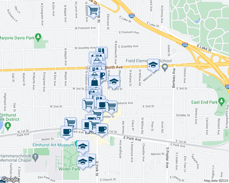 map of restaurants, bars, coffee shops, grocery stores, and more near 148 East 3rd Street in Elmhurst