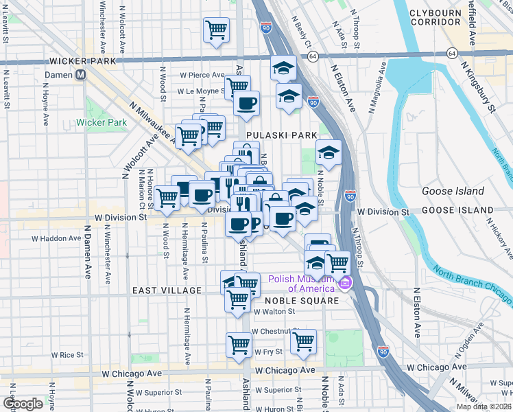 map of restaurants, bars, coffee shops, grocery stores, and more near 1209 North Milwaukee Avenue in Chicago