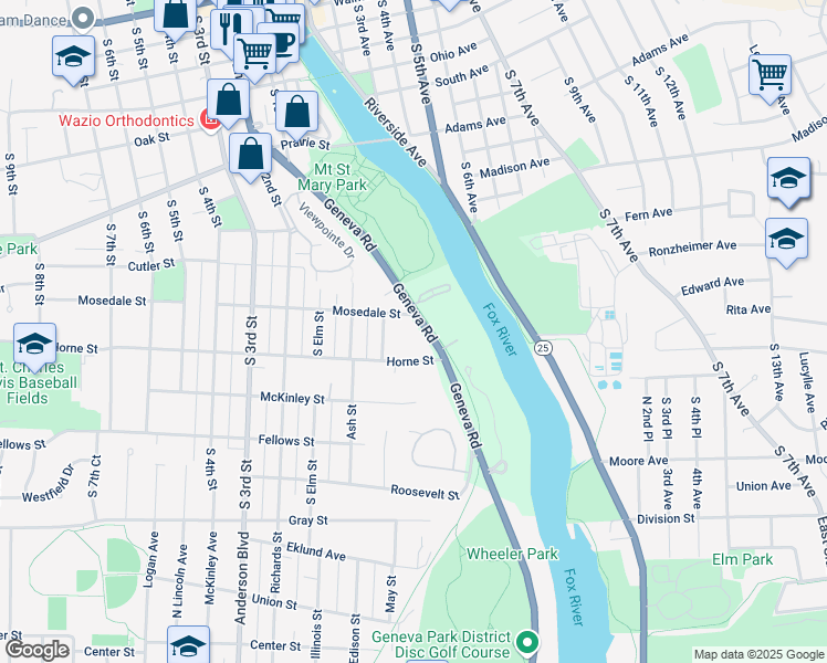map of restaurants, bars, coffee shops, grocery stores, and more near 1011 Geneva Road in St. Charles