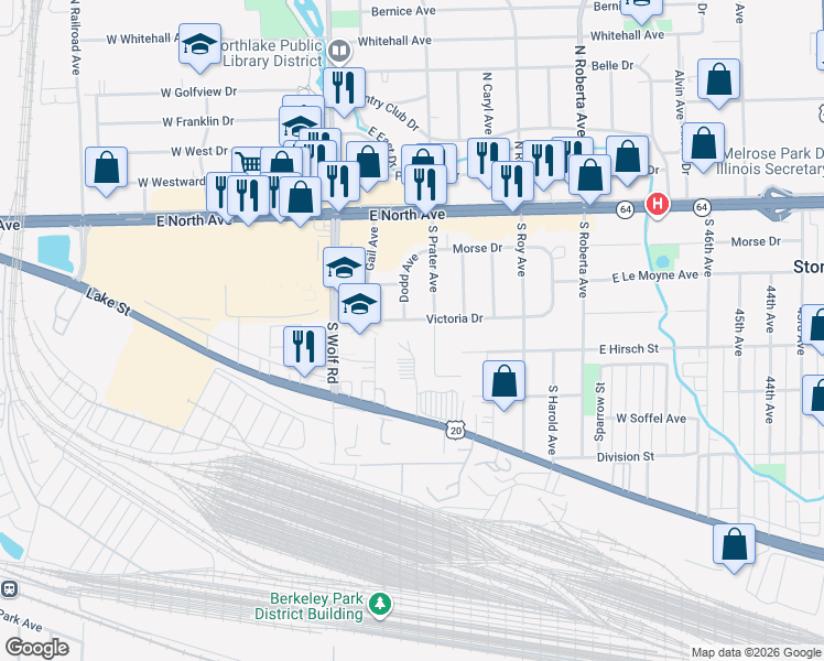 map of restaurants, bars, coffee shops, grocery stores, and more near 59 Victoria Drive in Northlake