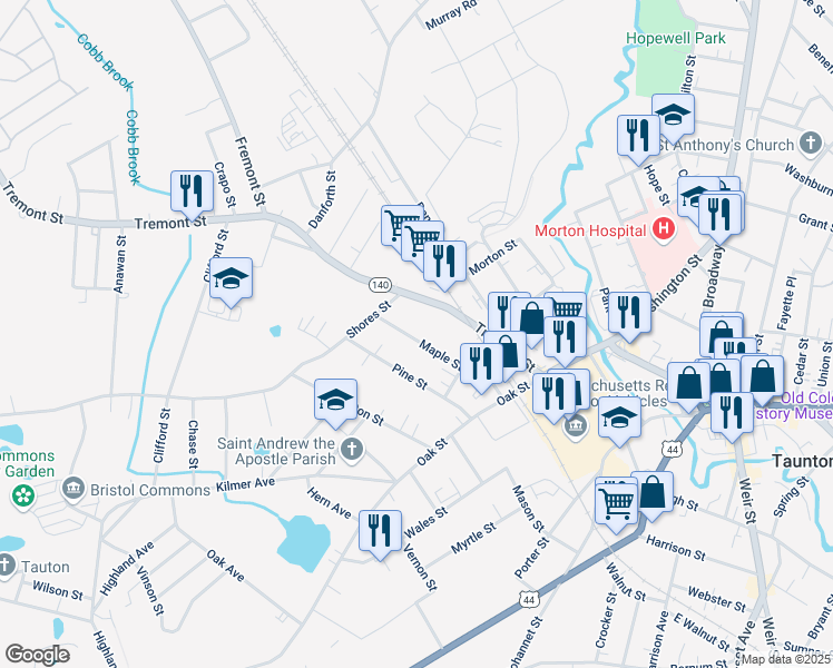 map of restaurants, bars, coffee shops, grocery stores, and more near 19 Maple Street in Taunton