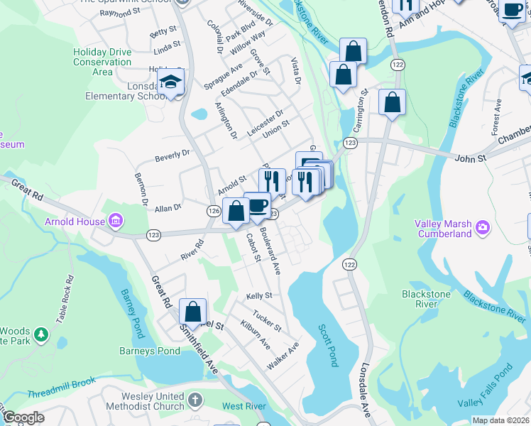 map of restaurants, bars, coffee shops, grocery stores, and more near 263 Front Street in Lincoln
